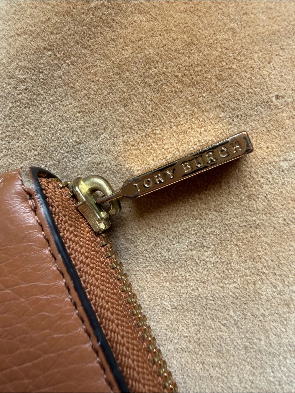 Tory Burch All T Zip Around Leather Wallet Cognac Brown Authentic
